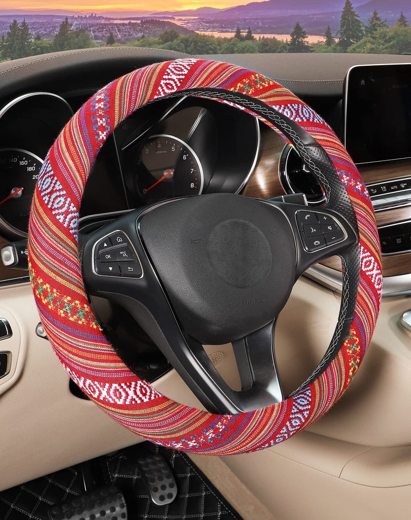 SEG Direct Boho Steering Wheel Cover with Baja Blanket Cloth  Ethnic Style Auto Wheel Cover Made of Coarse Flax  Fits 14 1/2-15 1/4 inches Car Wheel - Image 1